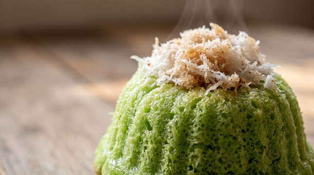 Macro detail of traditional Putu Ayu cake featuring pandan sponge and fresh coconut, ideal for recipe websites, culinary magazines, restaurants, and commercial food advertising.