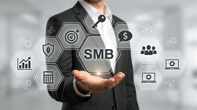 Businessman presenting SMB small medium business concept on virtual screen