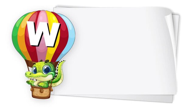 Cartoon Crocodile in Hot Air Balloon Beside Blank White Banner