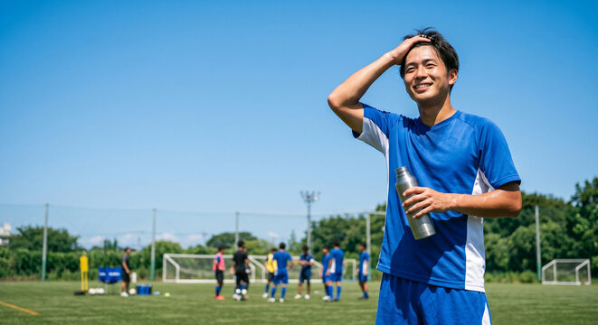 サッカーグラウンドでボトルを持ち水分補給をして休憩する男性