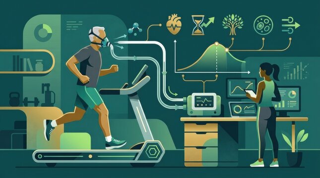 A person runs on a treadmill while a researcher analyzes health data at a desk. This scene shows the connection between fitness and longevity.