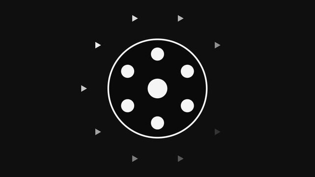 Minimalist circular loading animation with rotating arrows and pulsing dots on 4k black background circle