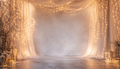Obraz premium Warm fairy lights and draped fabric framing an elegant empty backdrop