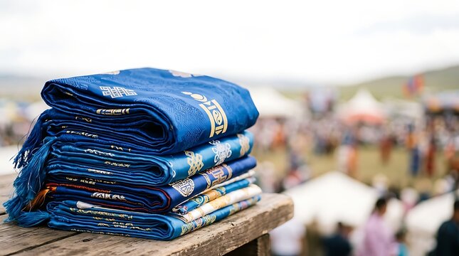 Stack of traditional blue silk scarves at a mongolian festival