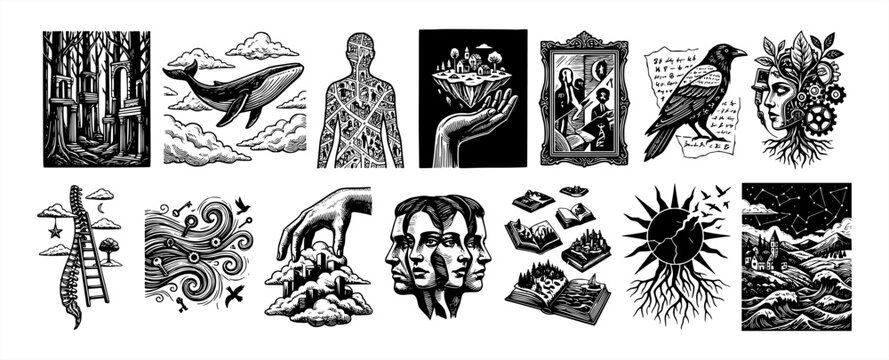 Vintage woodcut illustration set featuring surreal artistic concepts, flying whale, crow, human anatomy, celestial elements, nature, mystical symbols, and gothic linocut design style.