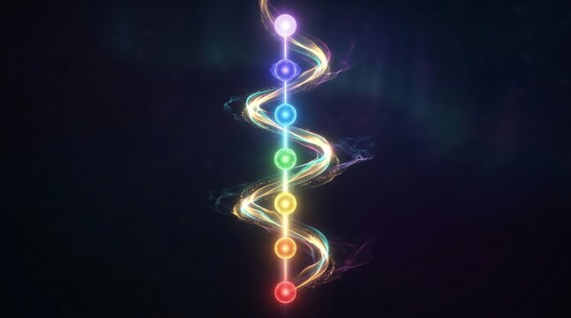 Glowing chakra energy centers with spiritual spiral on dark background
