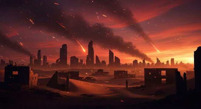 Apocalyptic Cityscape: Destroyed Buildings, Meteor Shower, Red Sky
