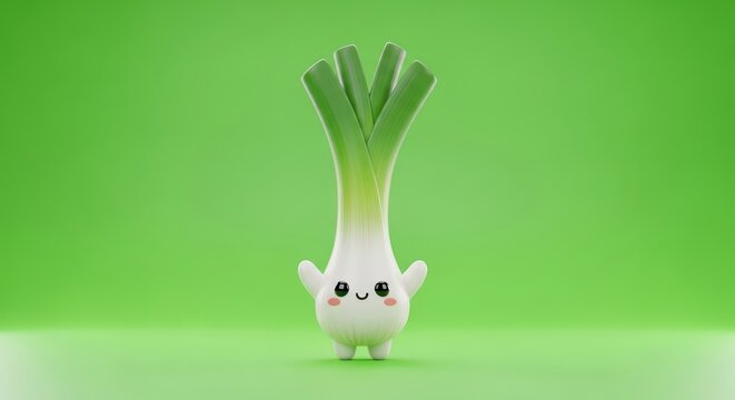 Cute cartoon leek character with happy face on green background