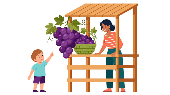 A smiling woman sells fresh purple grapes from a rustic market stall to an eager young boy, highlighting healthy food choices and local commerce.
