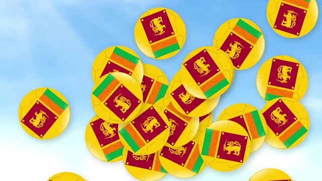 Falling Soccer Balls with Sri Lanka Flag Pattern Against Cloudy Sky