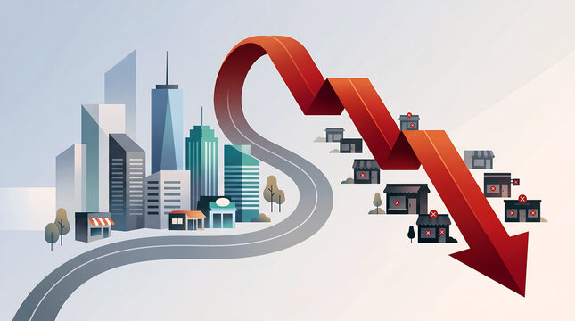 Urban and local businesses face economic downturn, depicted by a red arrow signifying sharp market decline and financial crisis