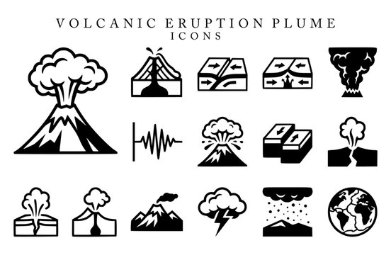 Vector icon collection featuring volcanic eruption plume, volcano cross section, tectonic plate shift, seismic wave, magma chamber, ash cloud, volcanic lightning, and geology concepts.