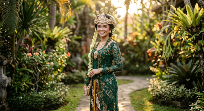 Beautiful Sundanese Woman Wearing Traditional Kebaya and Batik in a Tropical Garden