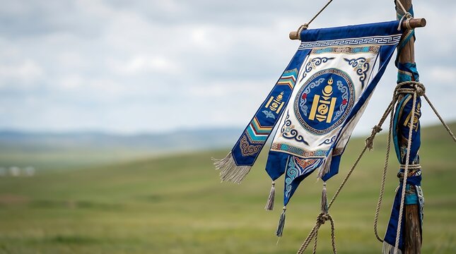 Traditional mongolian banner with soyombo symbol over the steppe