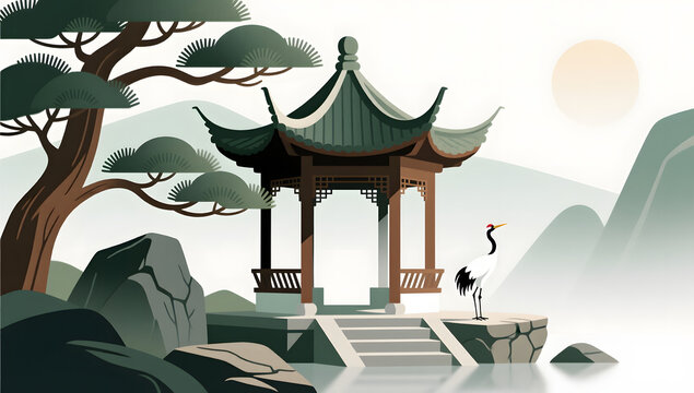 pine pavilion chinese landscape art background