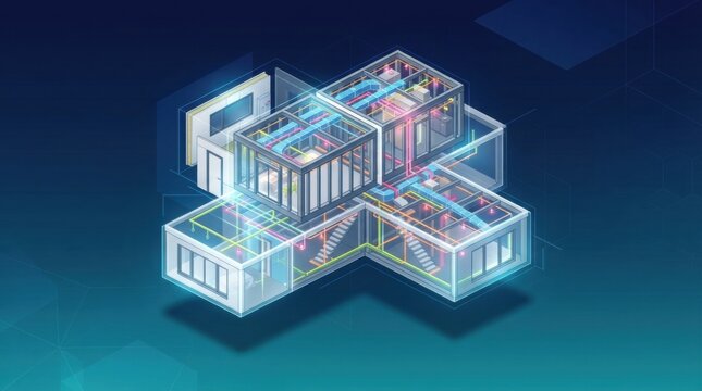 The design of modular prefab homes with assembly details visible in a digital format. Sustainable processes are highlighted.
