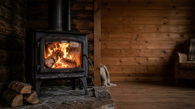 Cozy wood burning stove with bright flames in a rustic cabin interior