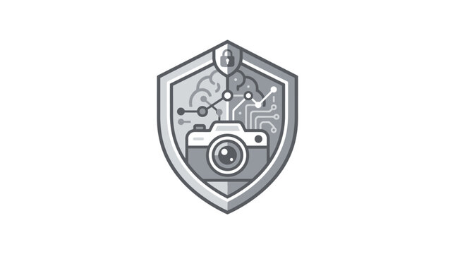 Cyber security shield icon with camera and neural network