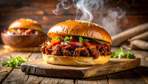 Freshly cooked Sloppy Joe sandwich served on an old wooden table