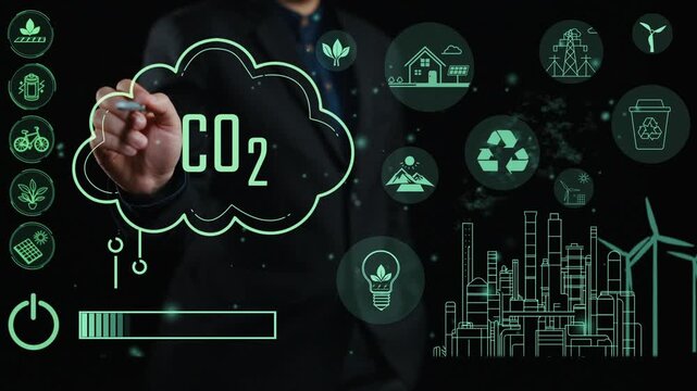 A professional man creates a visual representation of CO2 reduction concepts, showcasing green energy ideas through modern graphics and charts for sustainable development. Cipher