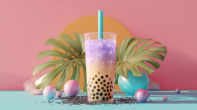 Refreshing beverage with tapioca pearls and tropical leaves