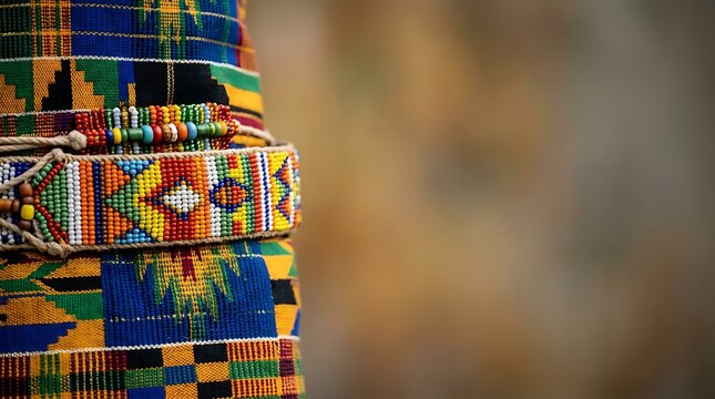 Close up of vibrant african kente fabric with colorful beaded jewelry