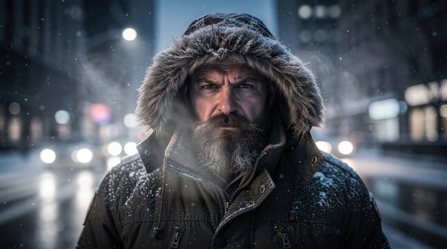 A bearded man in a hooded winter jacket stands in a snowy urban street at night, with visible breath and blurred city lights in the background.