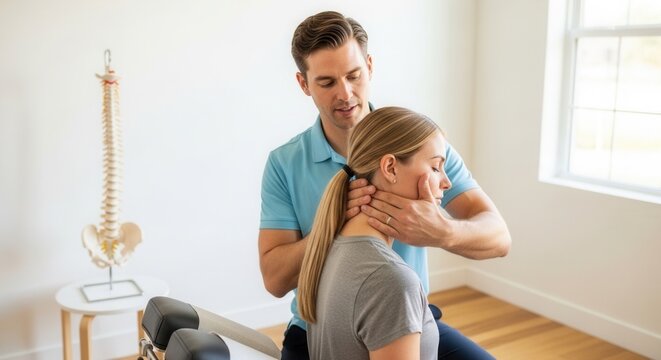 Chiropractor performing neck adjustment on female patient in a bright, modern clinic, with spine model in background