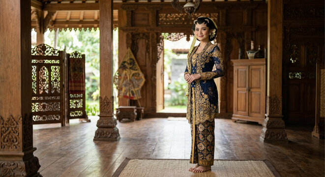 Elegant Young Indonesian Woman Wearing Traditional Javanese Kebaya in a Classic Joglo House