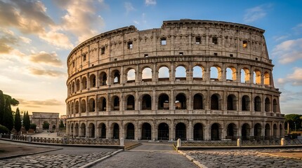 Naklejka premium Ancient roman amphitheater at sunset under a golden sky