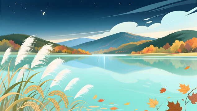 Autumn Equinox lake mountains illustration background