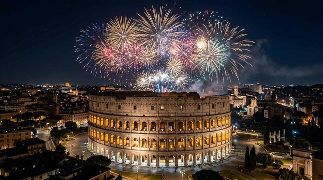 Colorful fireworks display over the illuminated roman colosseum