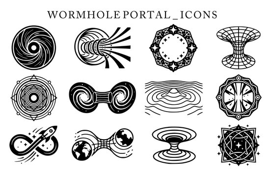 Vector icon collection featuring wormhole portal, Einstein-Rosen bridge, space vortex, black hole, time travel, hyperspace tunnel, stargate, continuum grid, and cosmic physics concepts.