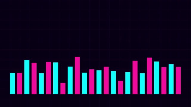 Neon digital audio equalizer bars pulsing on dark grid animation 4k background, for music visualization
