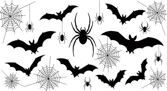 Halloween Themed Illustration Featuring Spiders, Bats and Webs with Spooky Cobweb Motifs in Monochrome Design.