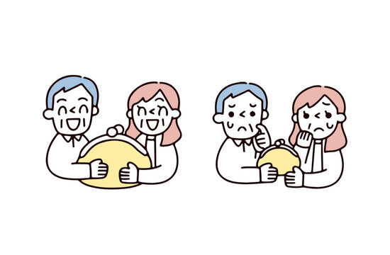 お金が貯まっているシニア夫婦とあまりお金がないシニア夫婦のイラストセット