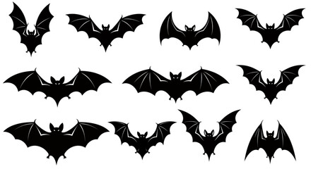 Fototapeta premium Silhouettes of Flying Bats in Various Angles and Pairings.