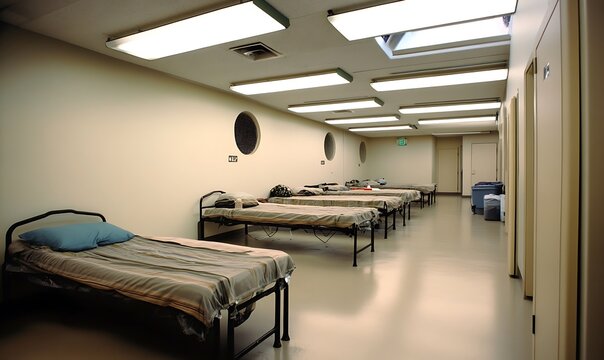 Shelter dormitory beds clean sterile room rows of cots with blankets safety refuge.
