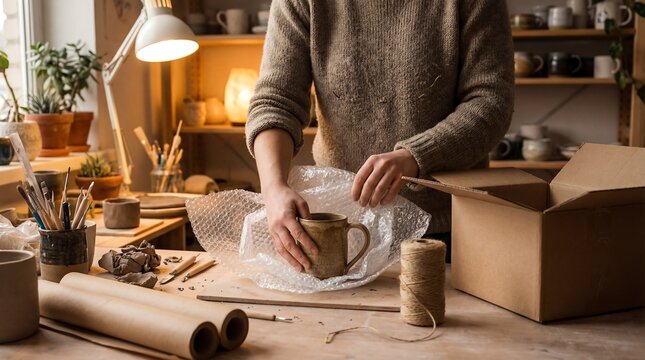 Artisan packing handmade ceramic mug in bubble wrap for shipping in workshop