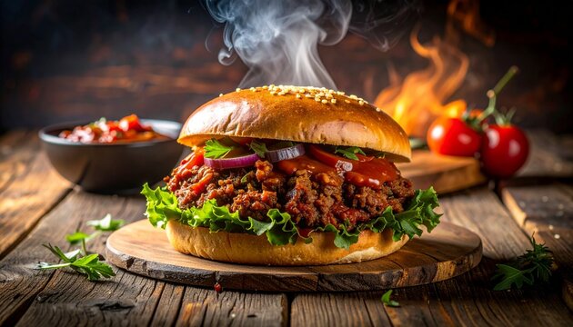 Gourmet Sloppy Joe sandwich overflowing with flavorful minced beef and rich sauce, served on a vintage wooden table