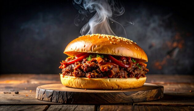 Gourmet Sloppy Joe sandwich overflowing with flavorful minced beef and rich sauce, served on a vintage wooden table, dramatic hot steam rising