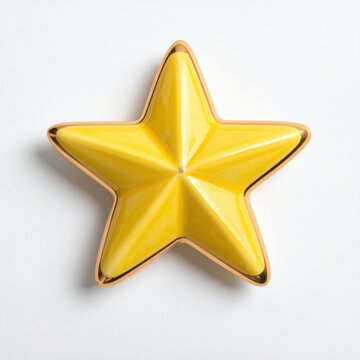 A bright yellow, five-pointed star object with a metallic edge on a white background