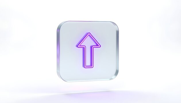 3D illustration of a floating premium UI upload button made of rounded frosted glass with a glowing neon purple arrow