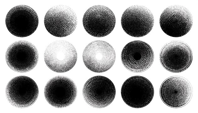 Abstract grayscale gradient circles on black background.