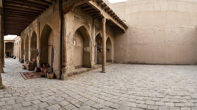 Ancient stone courtyard with mud brick walls and arched doorways