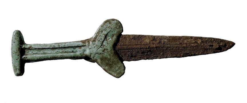 Ancient Scythian bimetallic akinakes short sword isolated on white background, early Iron Age dagger archaeological artifact.