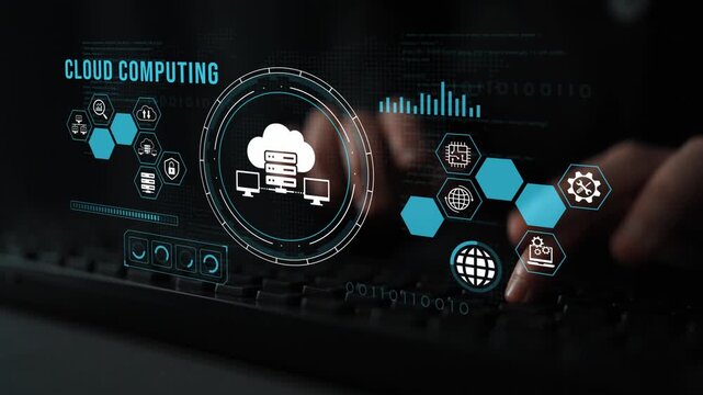 High-tech cloud computing interface showcasing digital elements and hands on a keyboard, representing modern technology and data management solutions in a workspace. Entropy.