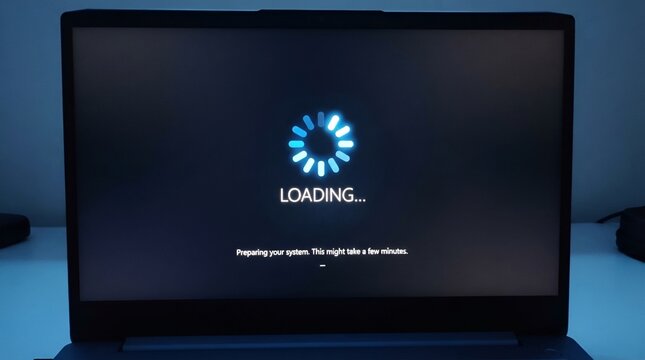 Laptop screen showing loading icon. Computer system update process with progress indicator.