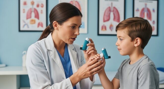 Doctor demonstrating asthma inhaler use to a young boy in a medical office with lung charts on the wall.