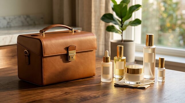 Brown leather makeup case with various skincare and cosmetic bottles on a wooden table. high-end skincare cases